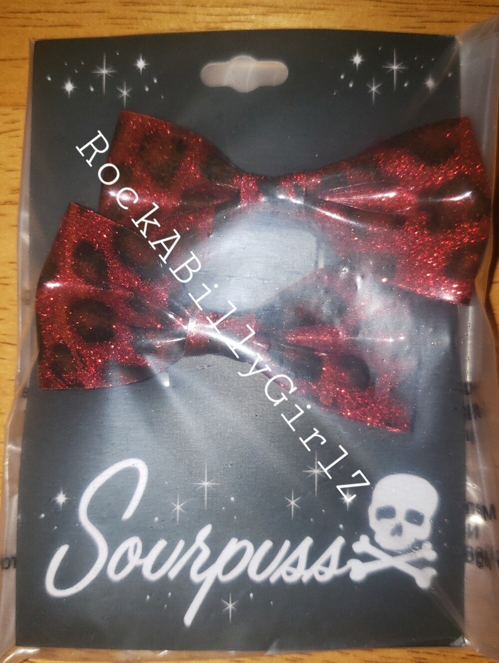 Sourpuss Red Leopard Glitter 2.5" x 1.25"  RockABilly Vinyl Hair Bows 2pc Set
